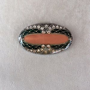 Oval brooch, enamel, gold, black with white crystals